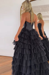 Black Corset Prom Dress Sweetheart A-Line Tiered Long Tulle Evening Dress with Slit